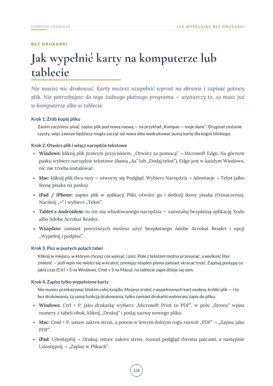 Strona ebooka z instrukcją wypełniania kart na komputerze lub tablecie