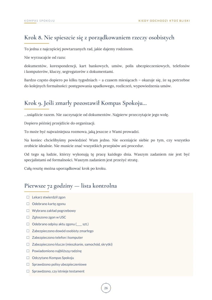 Strona ebooka z listą kontrolną Pierwsze 72 godziny