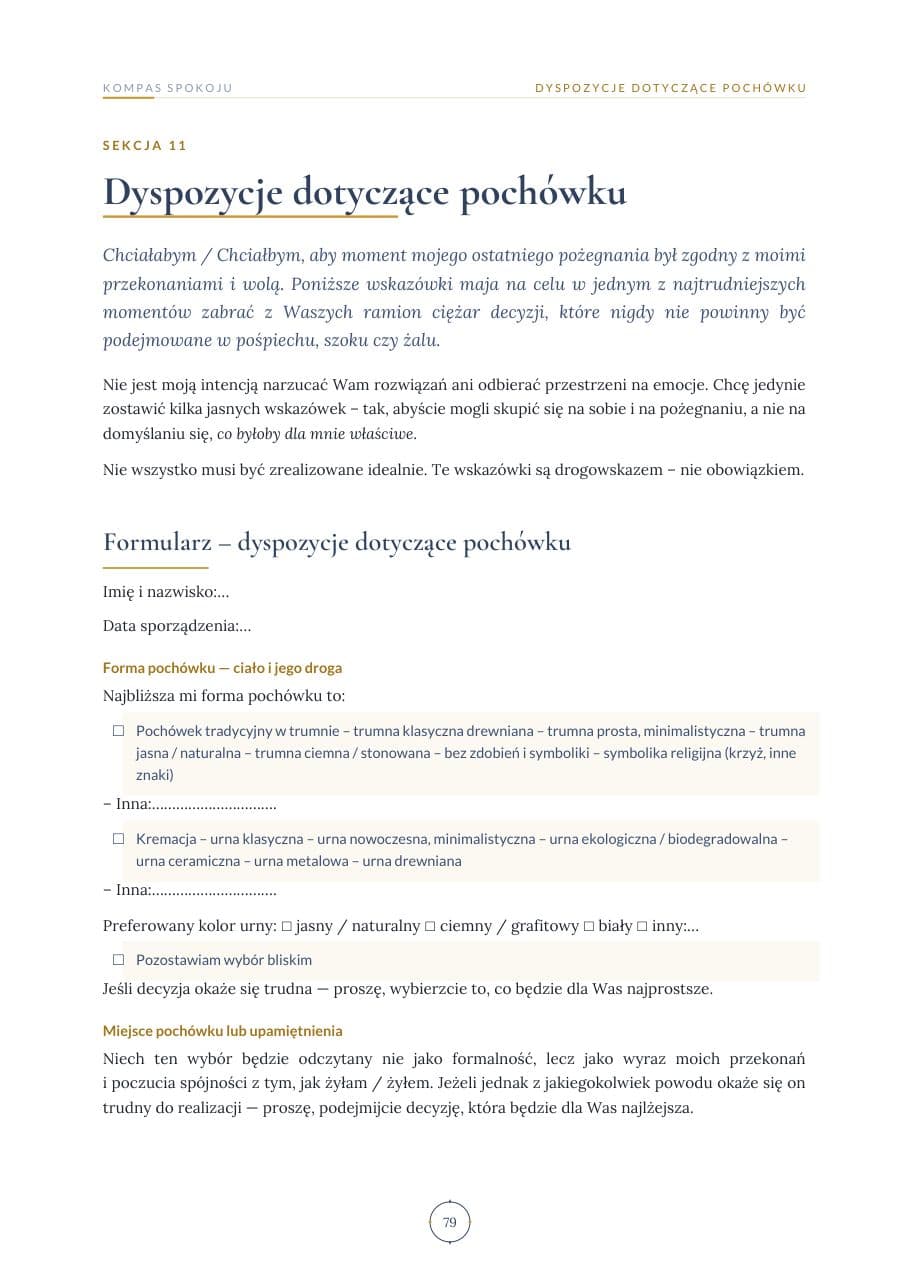 Strona ebooka z formularzem dyspozycji dotyczących pochówku